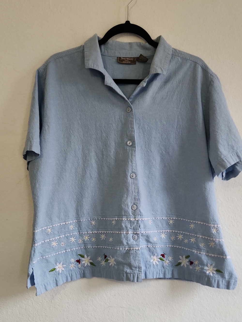 Floral Embroidered Button Down Shirt 2X Blue Cottagecore Vintage 100% Cotton